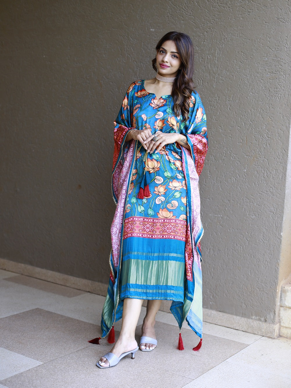 Teal Color Digital Printed Pure Gaji Silk Kaftan Dresses - qivii