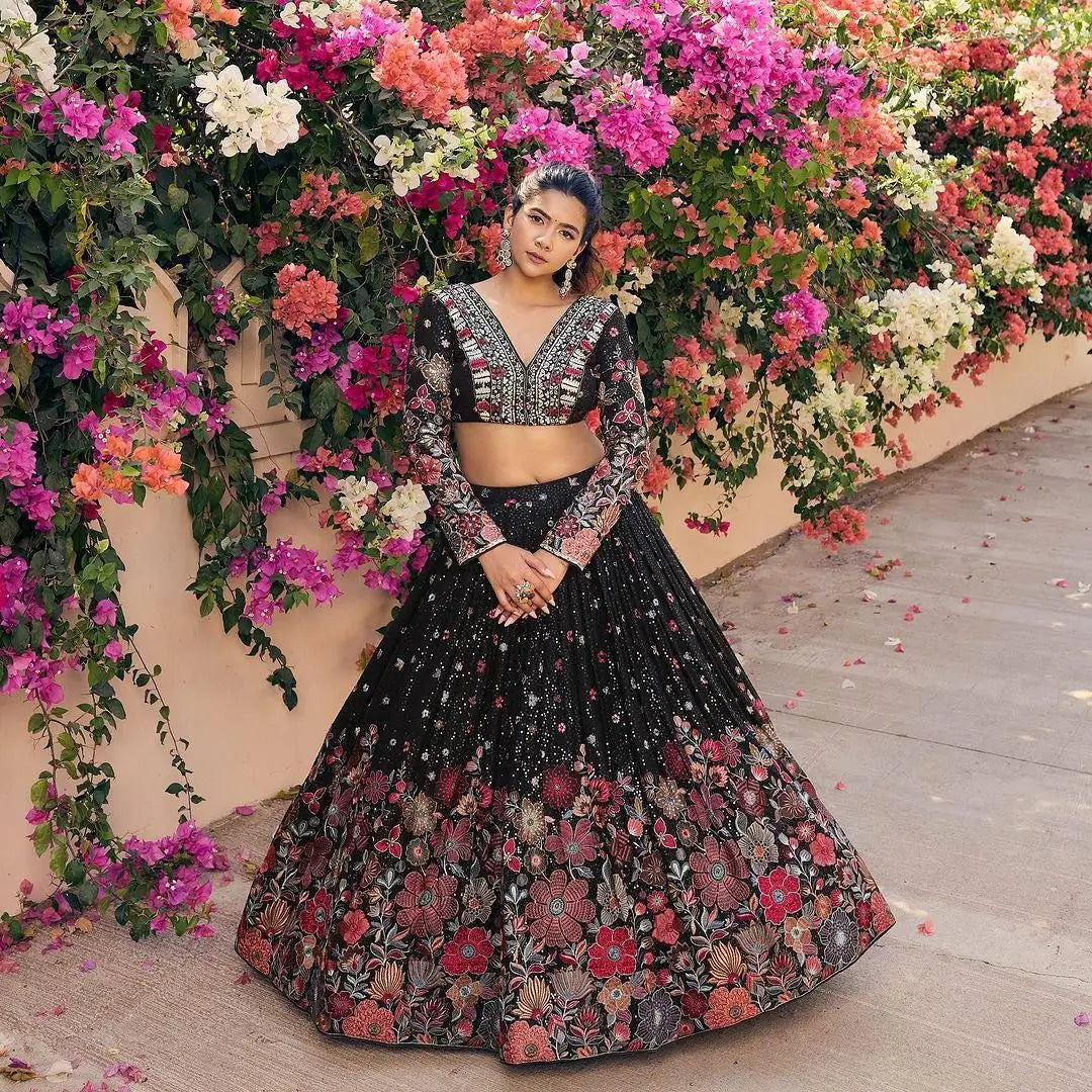 Most Trendy Black Multi Floral Embroidery Work Lehenga With Dupatta - qivii