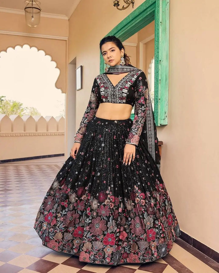 Most Trendy Black Multi Floral Embroidery Work Lehenga With Dupatta - qivii