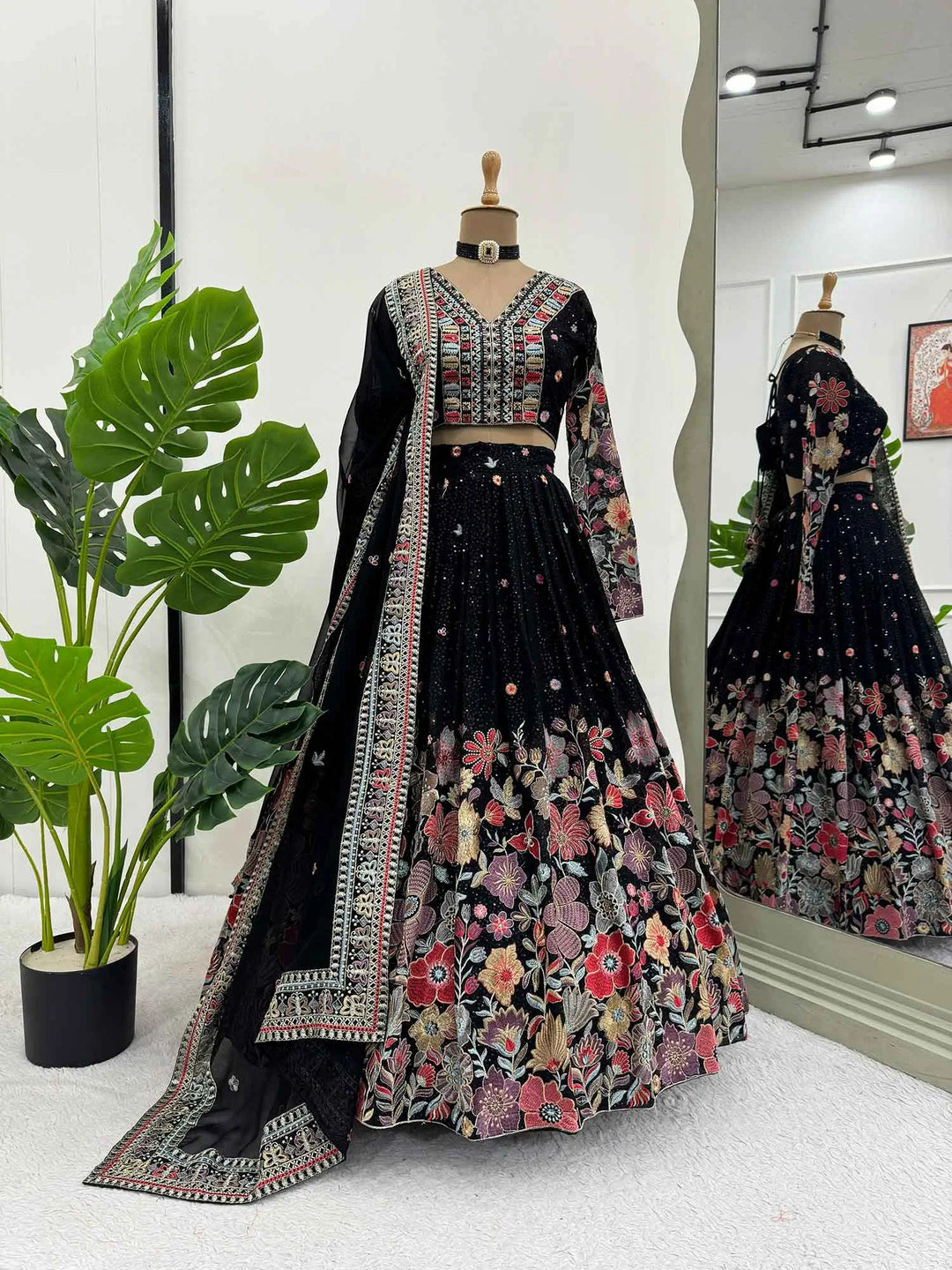 Most Trendy Black Multi Floral Embroidery Work Lehenga With Dupatta - qivii
