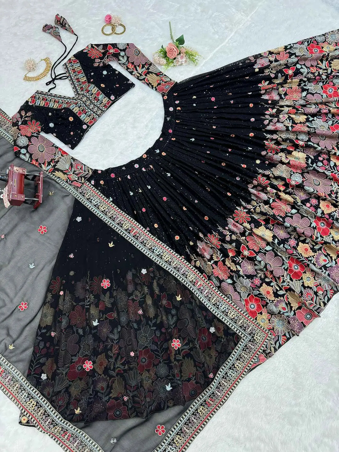 Most Trendy Black Multi Floral Embroidery Work Lehenga With Dupatta - qivii