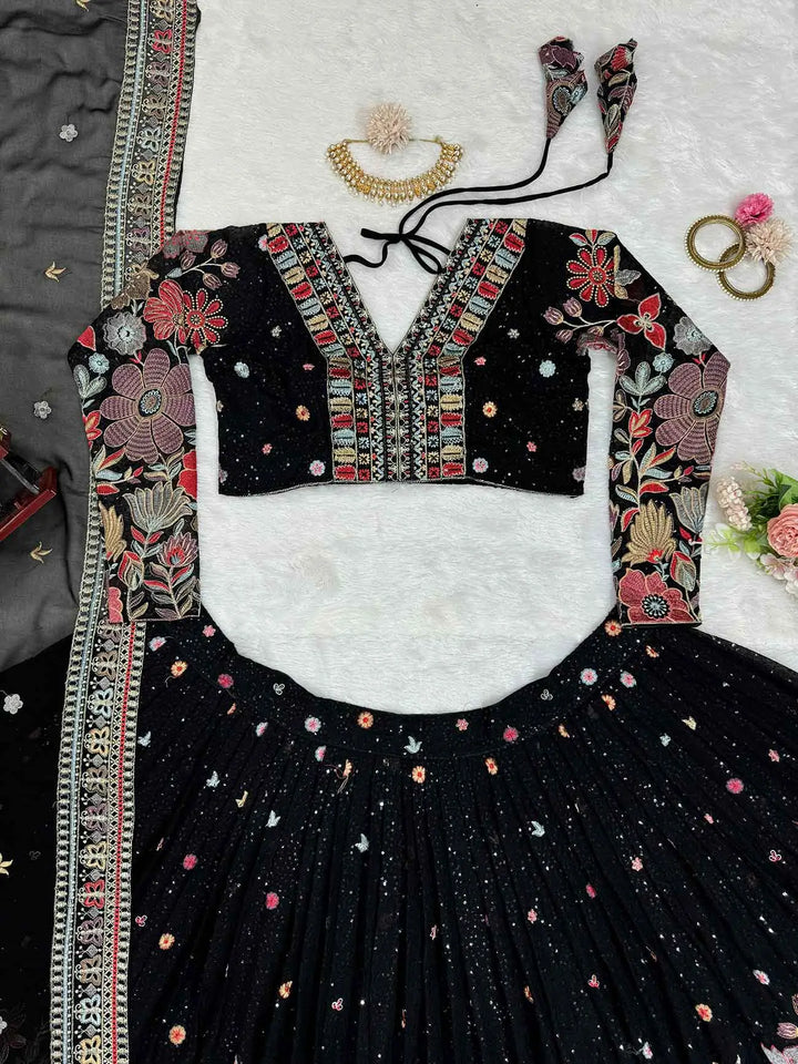 Most Trendy Black Multi Floral Embroidery Work Lehenga With Dupatta - qivii