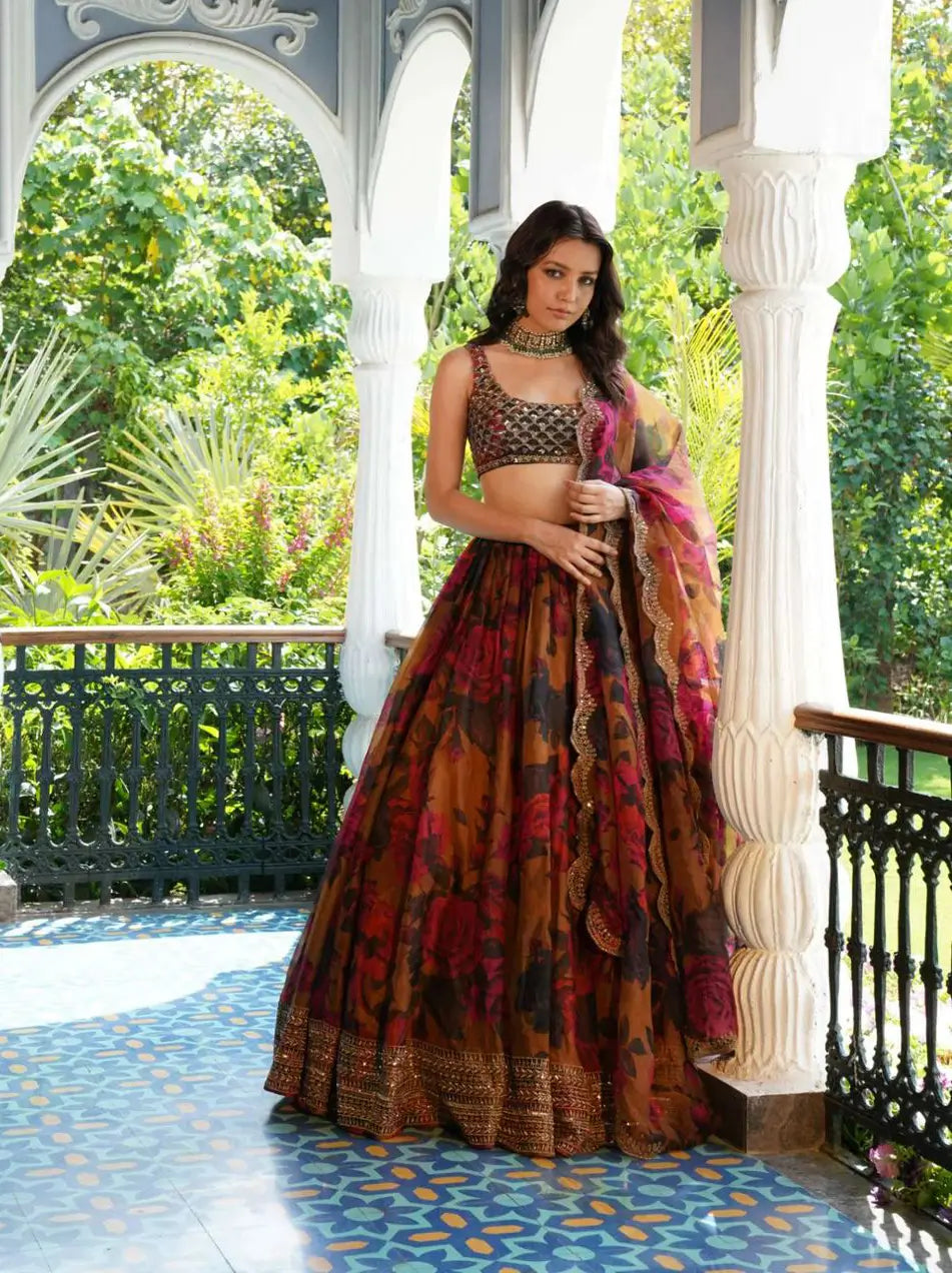 Brownish Yellow Floral Print With Embroidery Work Lehenga And Dupatta - qivii