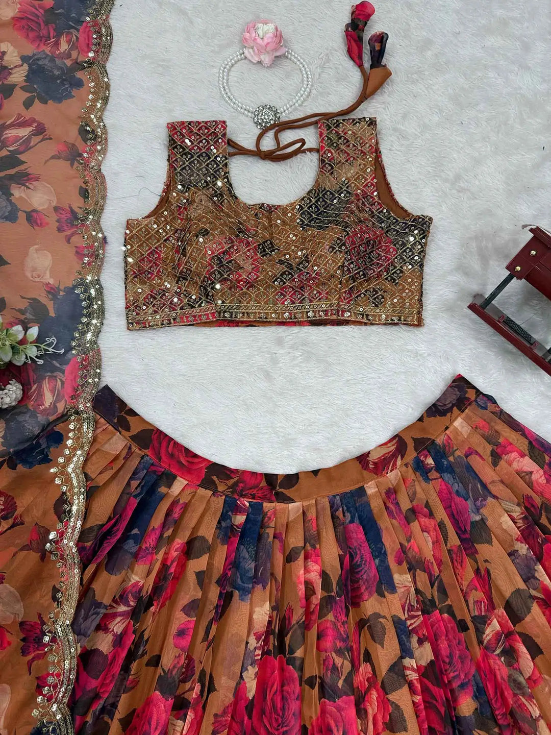 Brownish Yellow Floral Print With Embroidery Work Lehenga And Dupatta - qivii