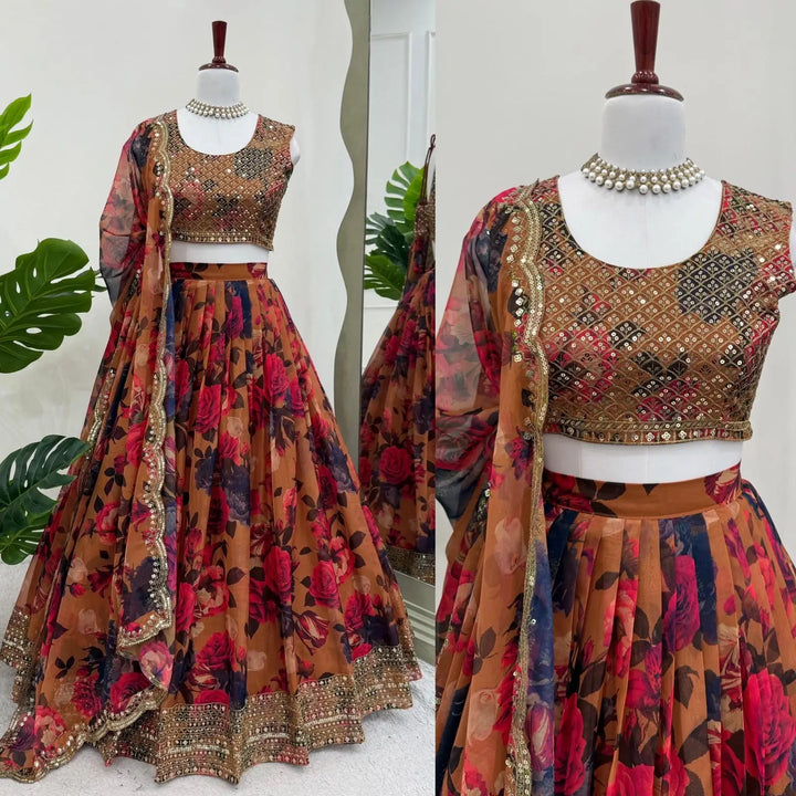 Brownish Yellow Floral Print With Embroidery Work Lehenga And Dupatta - qivii