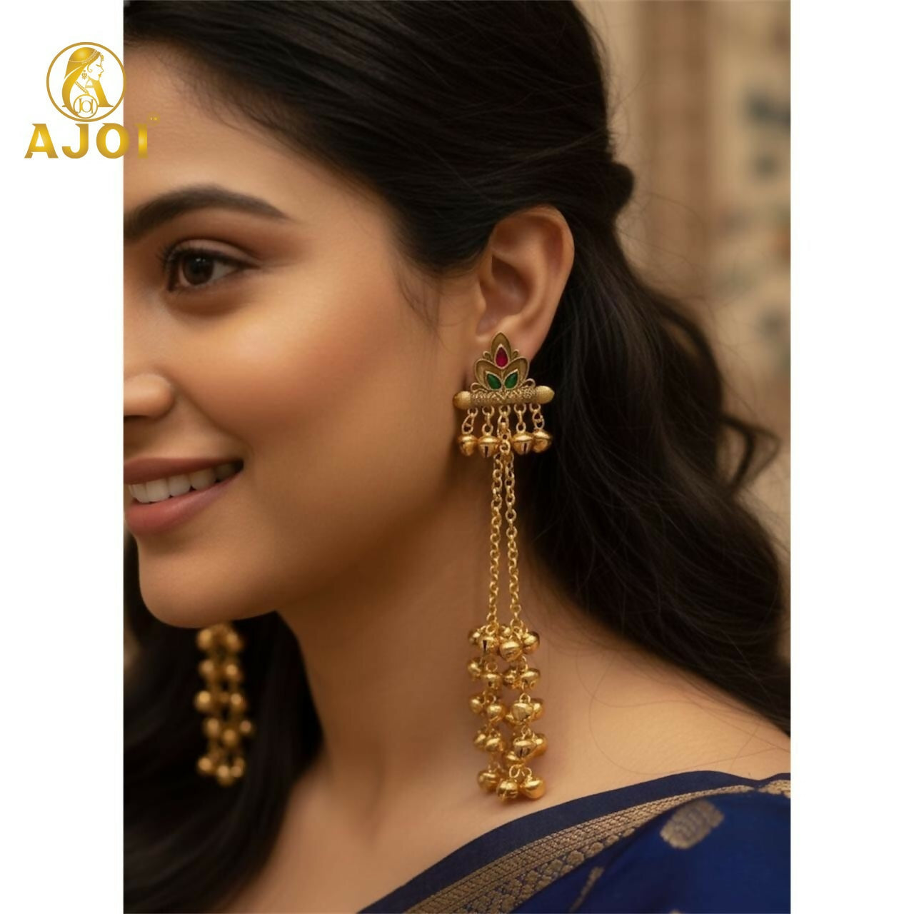 Royal Kashmiri Long Chain Ghungroo Drop Earrings.