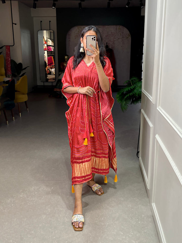 Red Color Digital Bandhej Printed Gaji Silk Kaftan - qivii