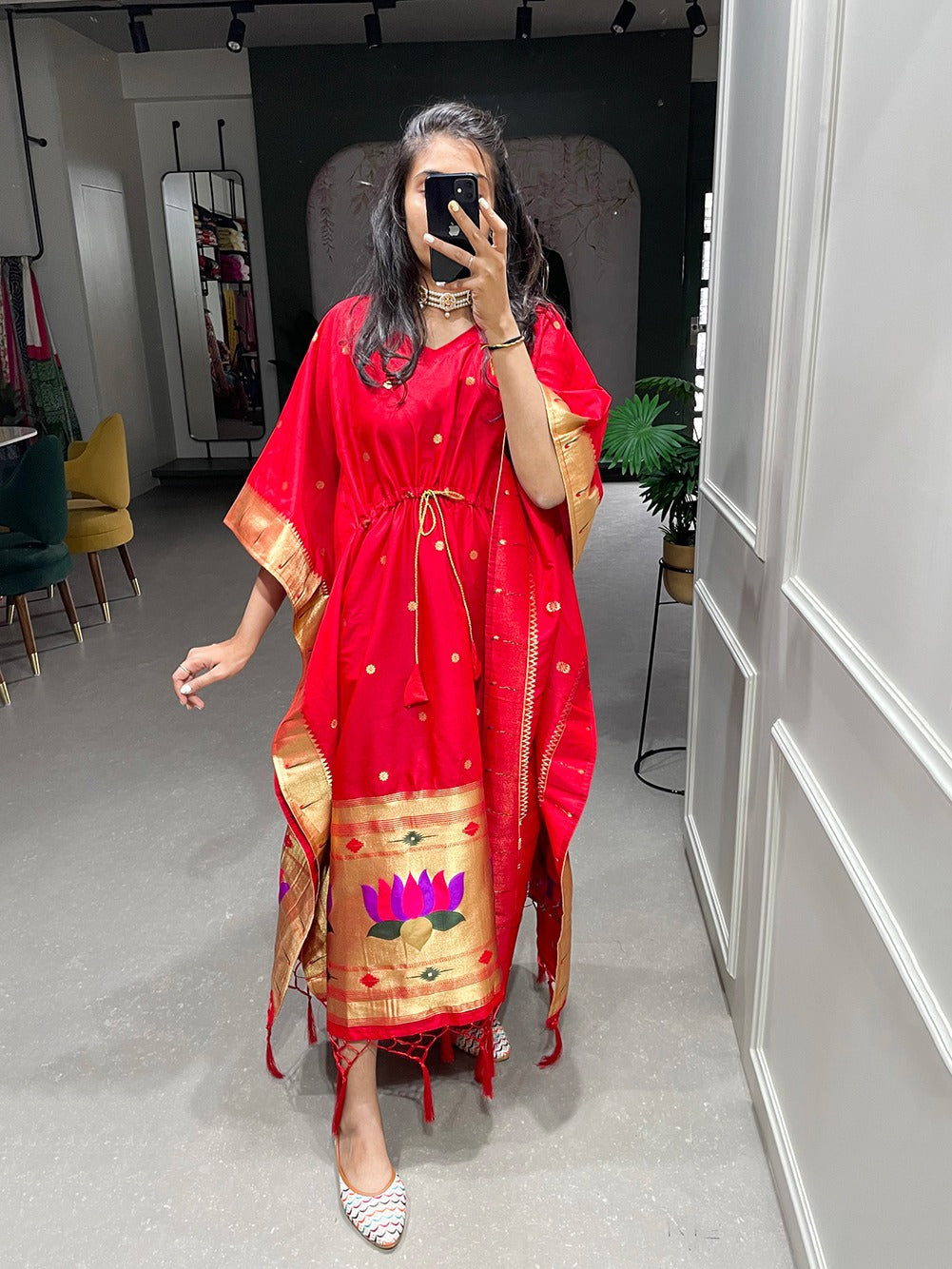 Red Color Weaving Zari Work Jacquard Paithani Kaftan Dress - qivii