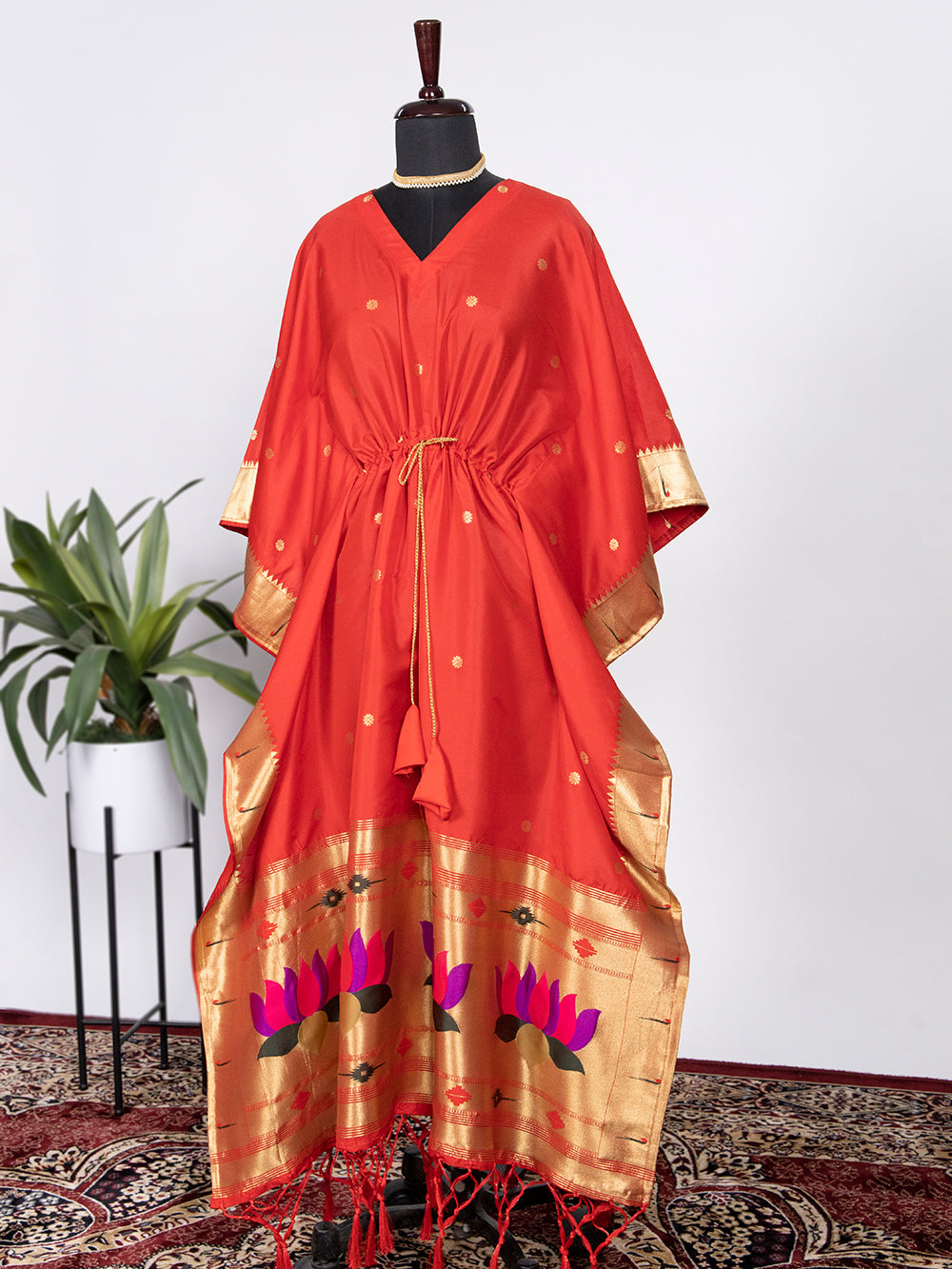 Red Color Weaving Zari Work Jacquard Paithani Kaftan Dress - qivii