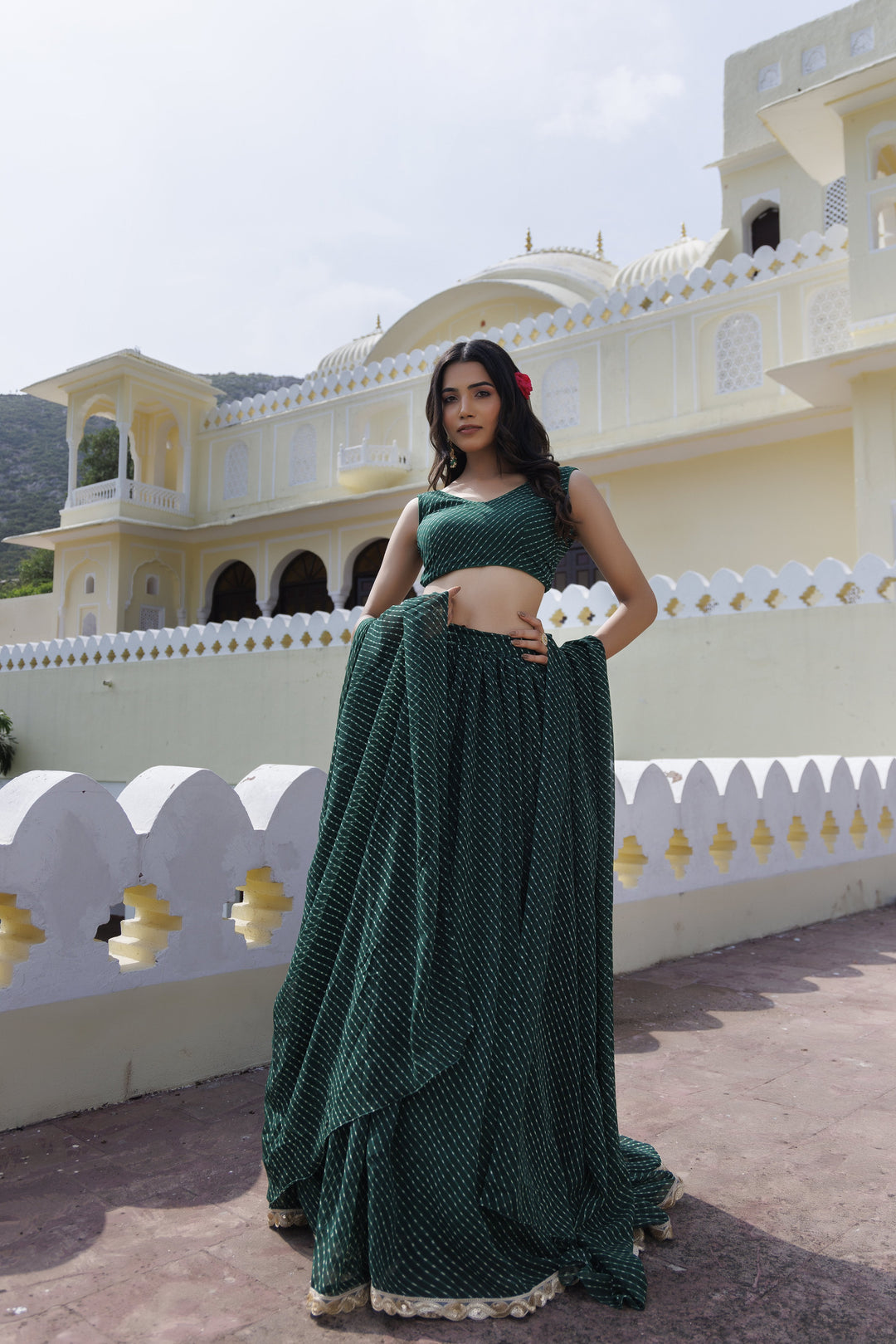 Emerald Green Leheriya Lehenga Set  - By Ragavi - qivii