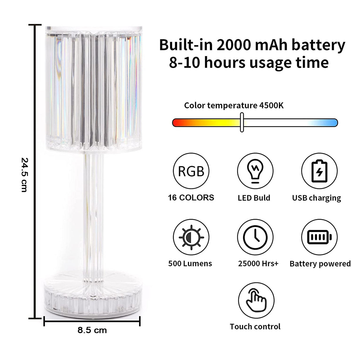 Touch Control Crystal LED Table Lamp – USB Rechargeable Atmosphere Night Light for Home & Bedroom Décor
