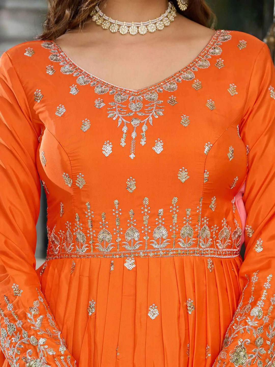 Fanta Orange Silk Gown With Sequins Embroidery Work And Dupatta - qivii