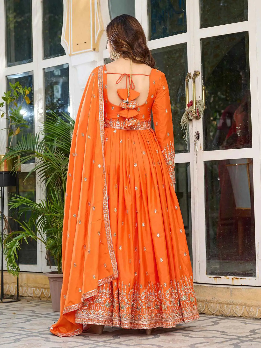 Fanta Orange Silk Gown With Sequins Embroidery Work And Dupatta - qivii