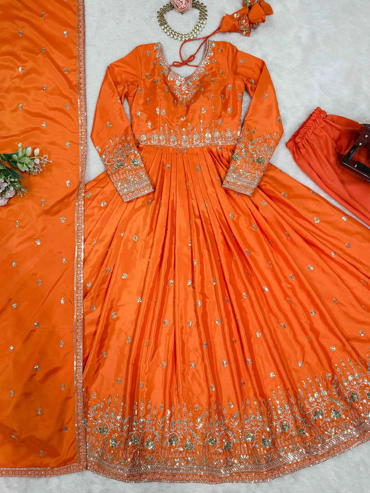 Fanta Orange Silk Gown With Sequins Embroidery Work And Dupatta - qivii