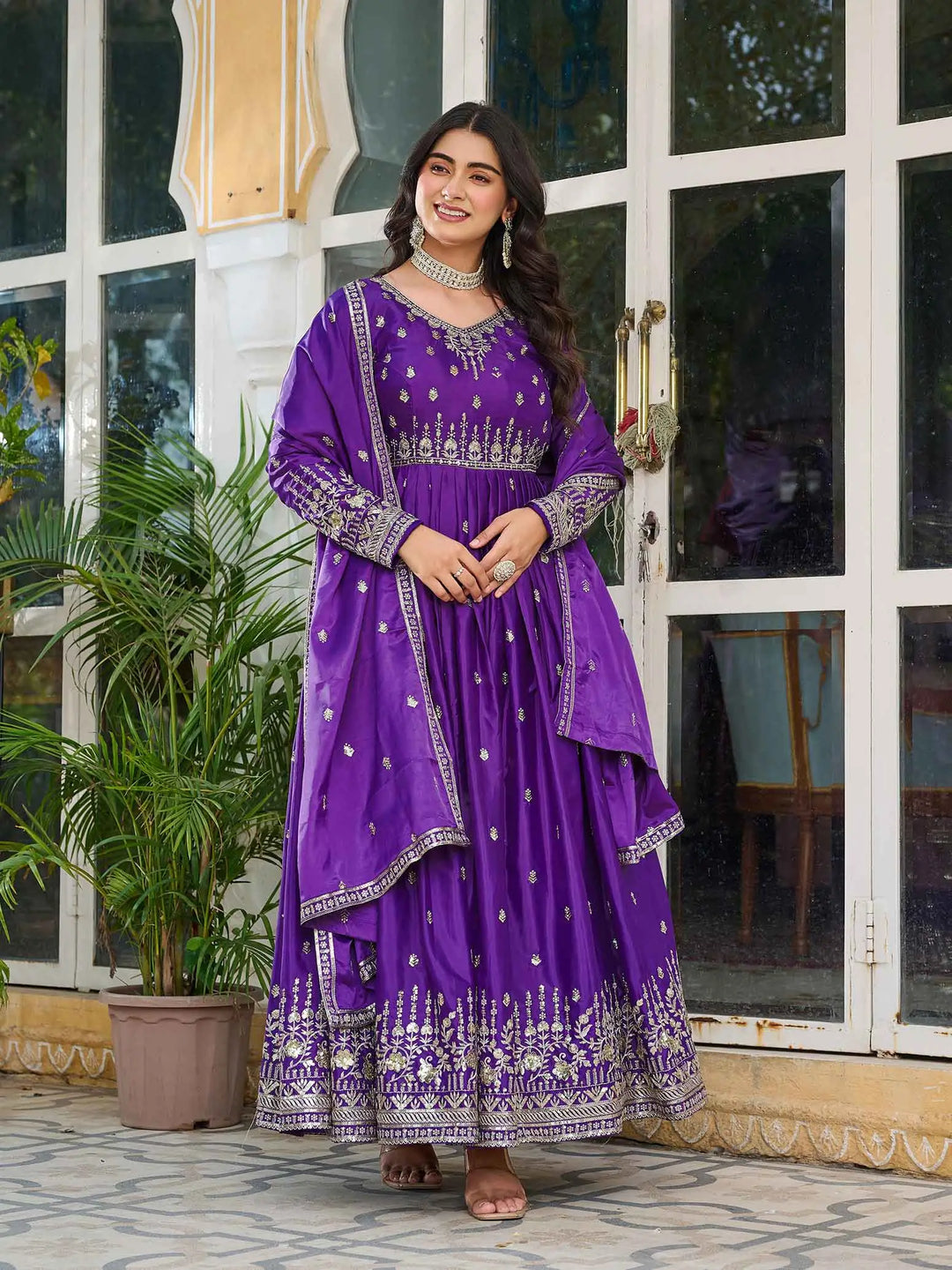 Purple Silk Gown With Sequins Embroidery Work And Dupatta - qivii