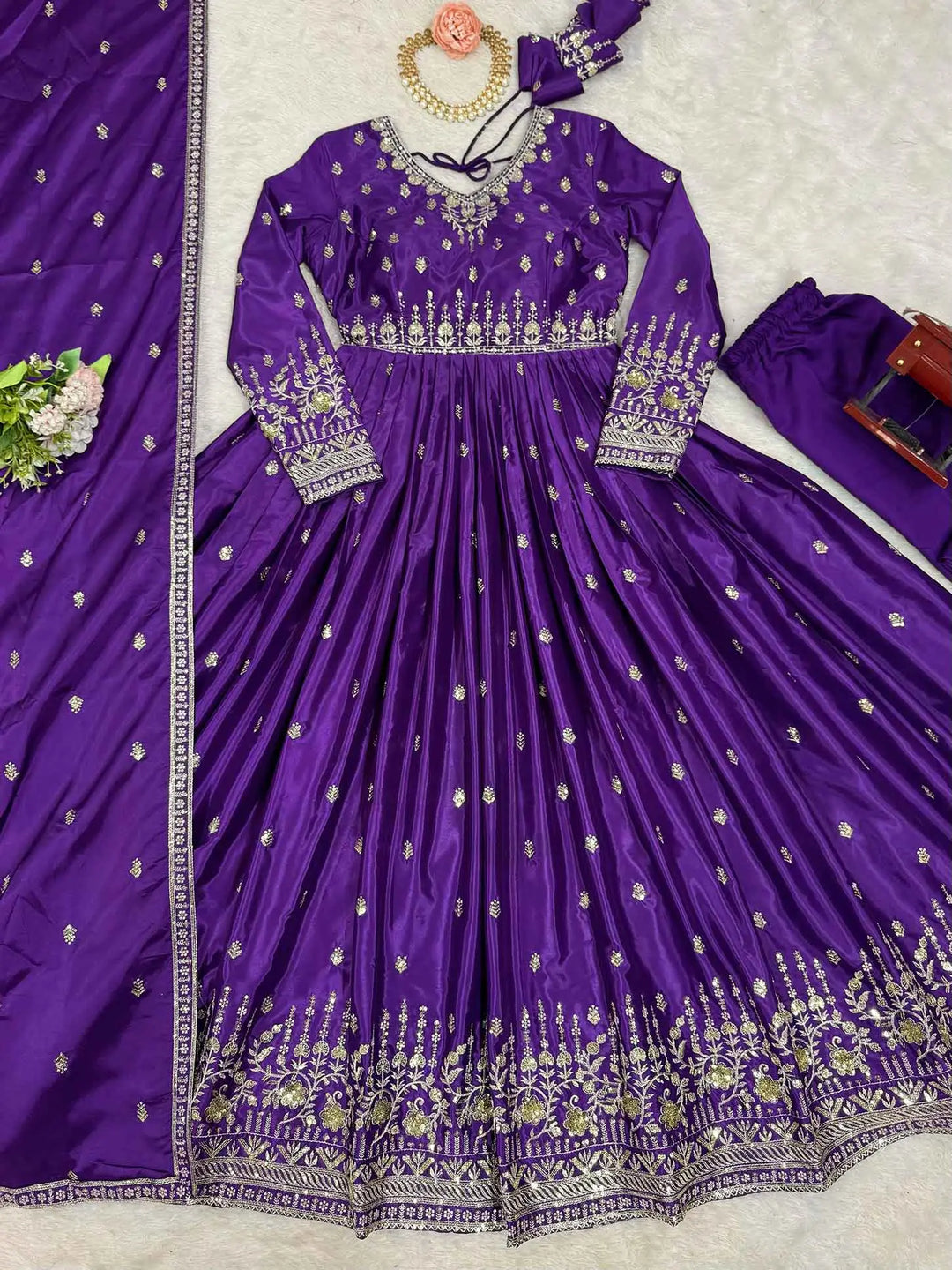 Purple Silk Gown With Sequins Embroidery Work And Dupatta - qivii