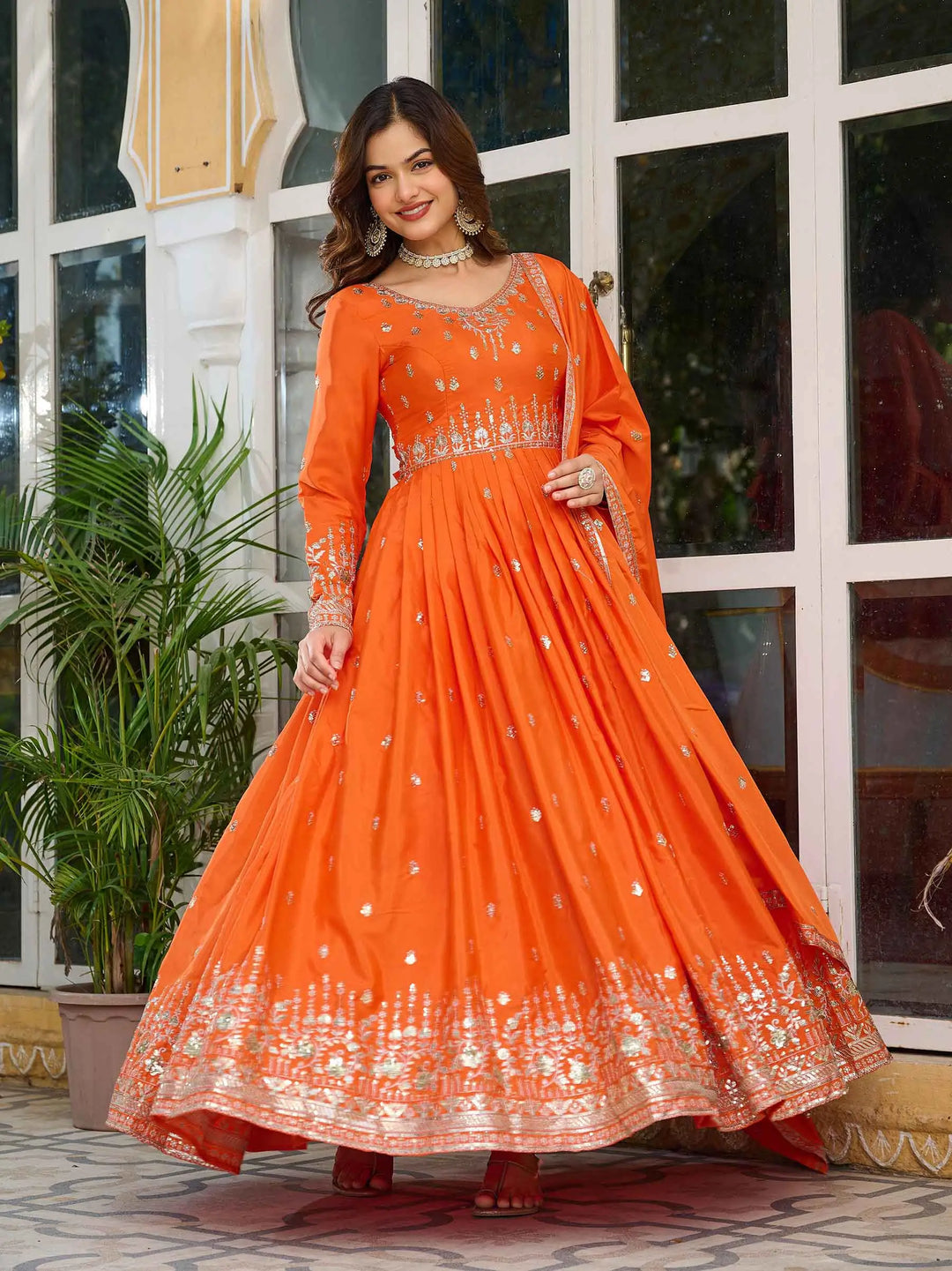 Fanta Orange Silk Gown With Sequins Embroidery Work And Dupatta - qivii