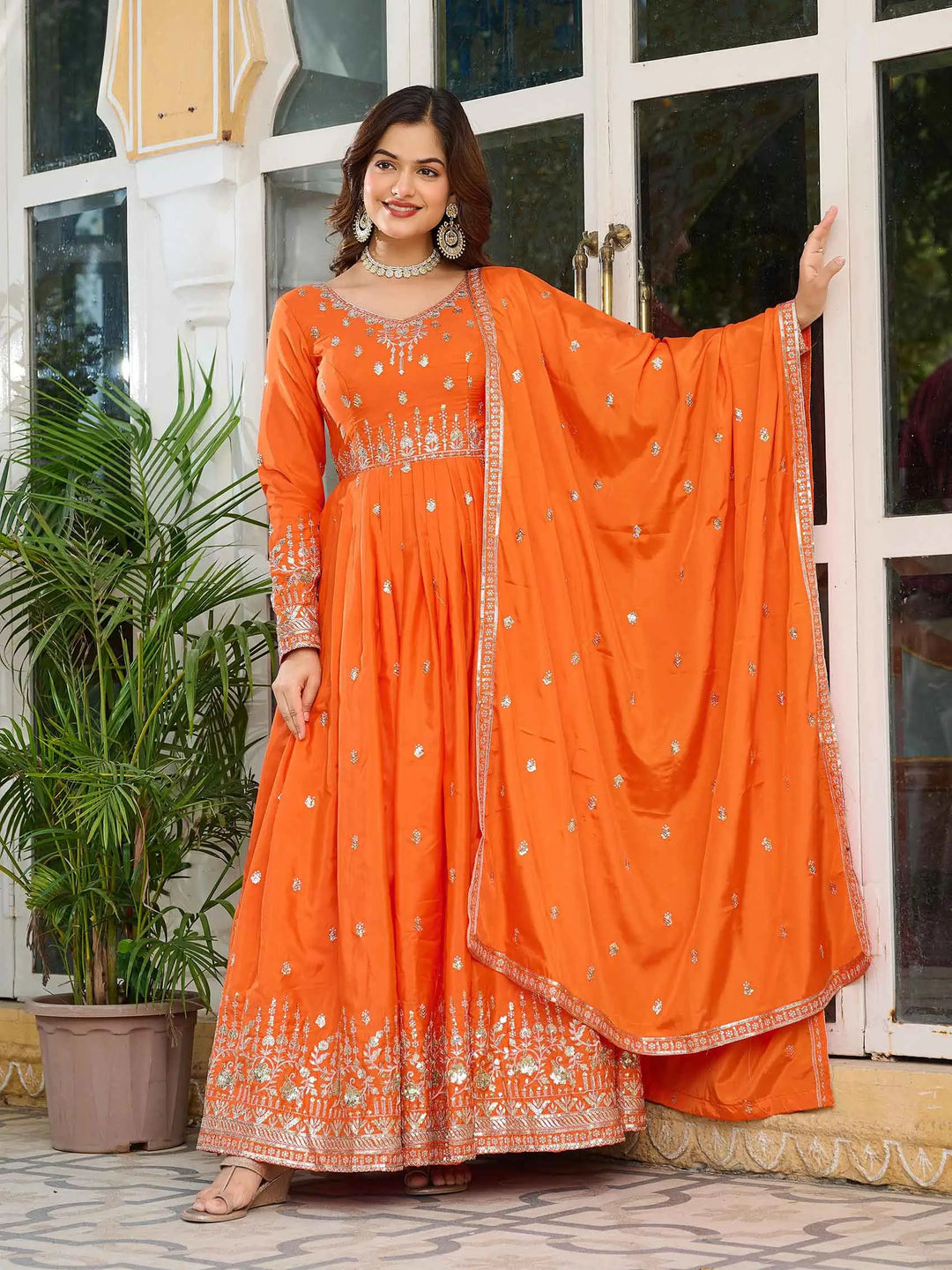Fanta Orange Silk Gown With Sequins Embroidery Work And Dupatta - qivii