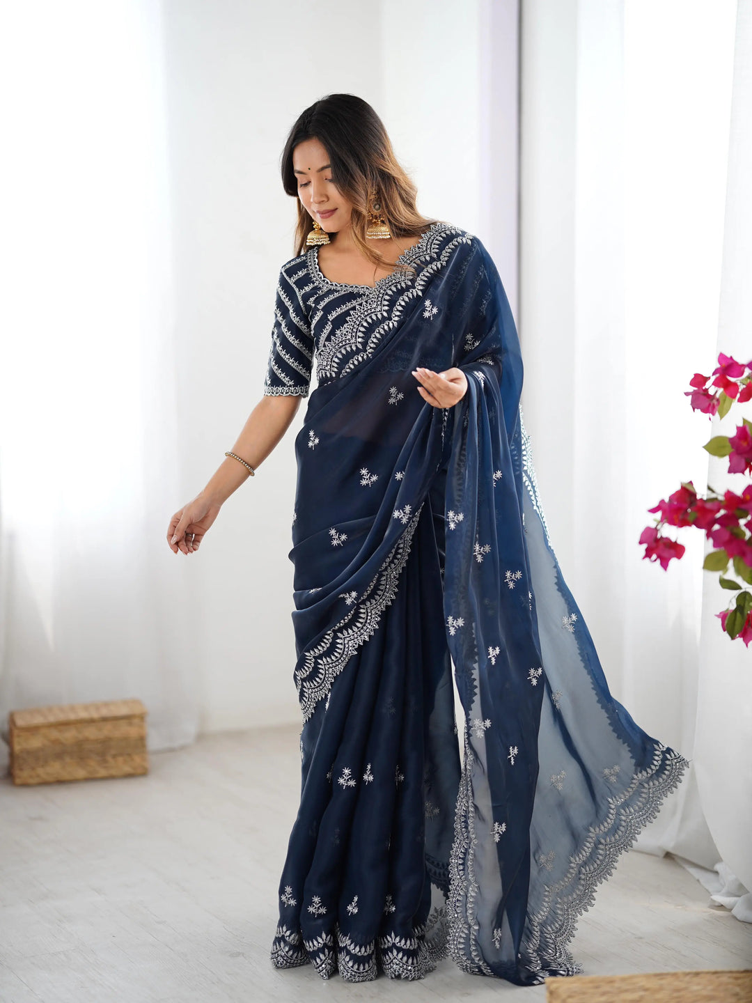Navy Blue Sequins Embroidery Work Designer Saree - qivii