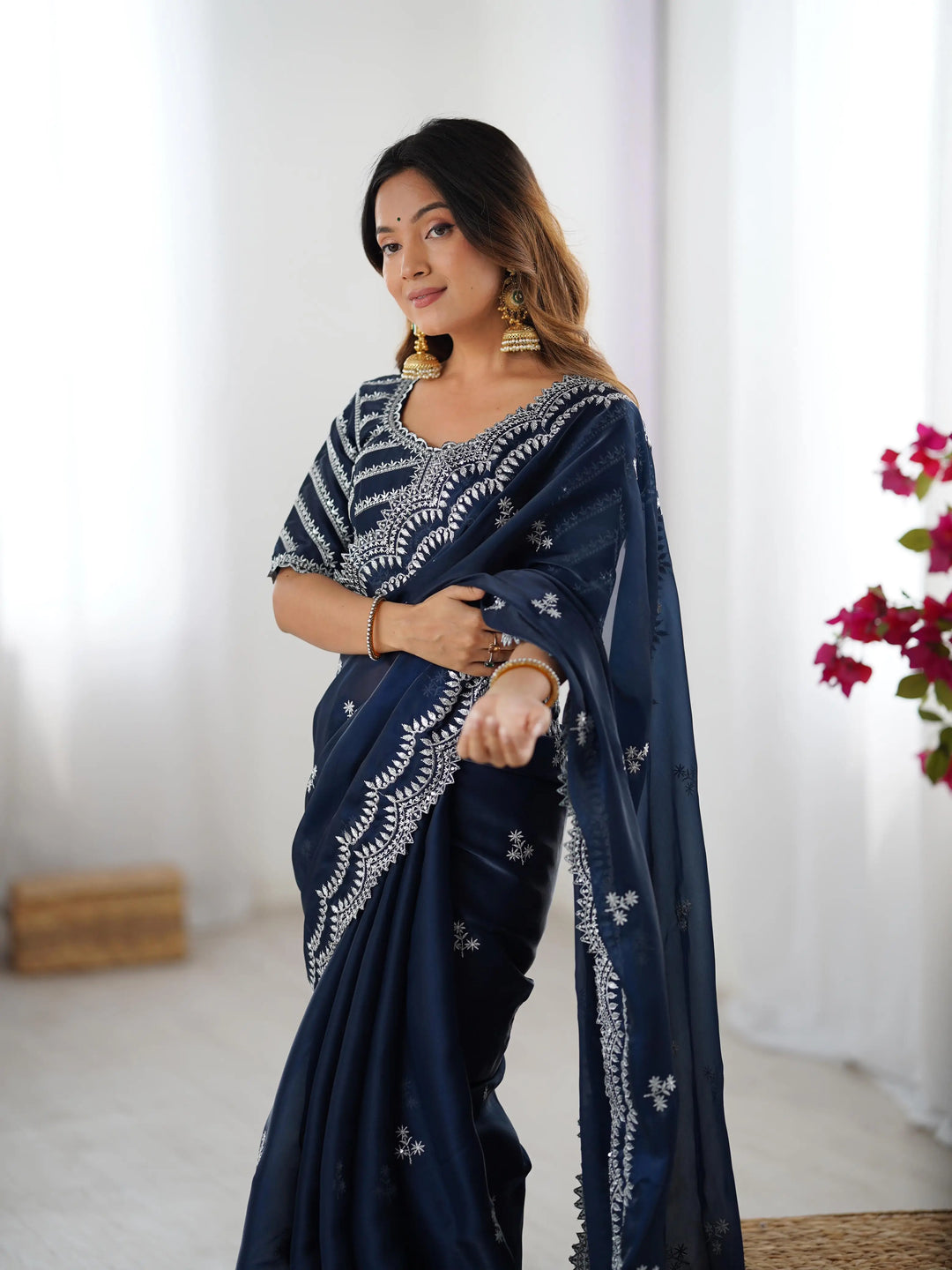 Navy Blue Sequins Embroidery Work Designer Saree - qivii