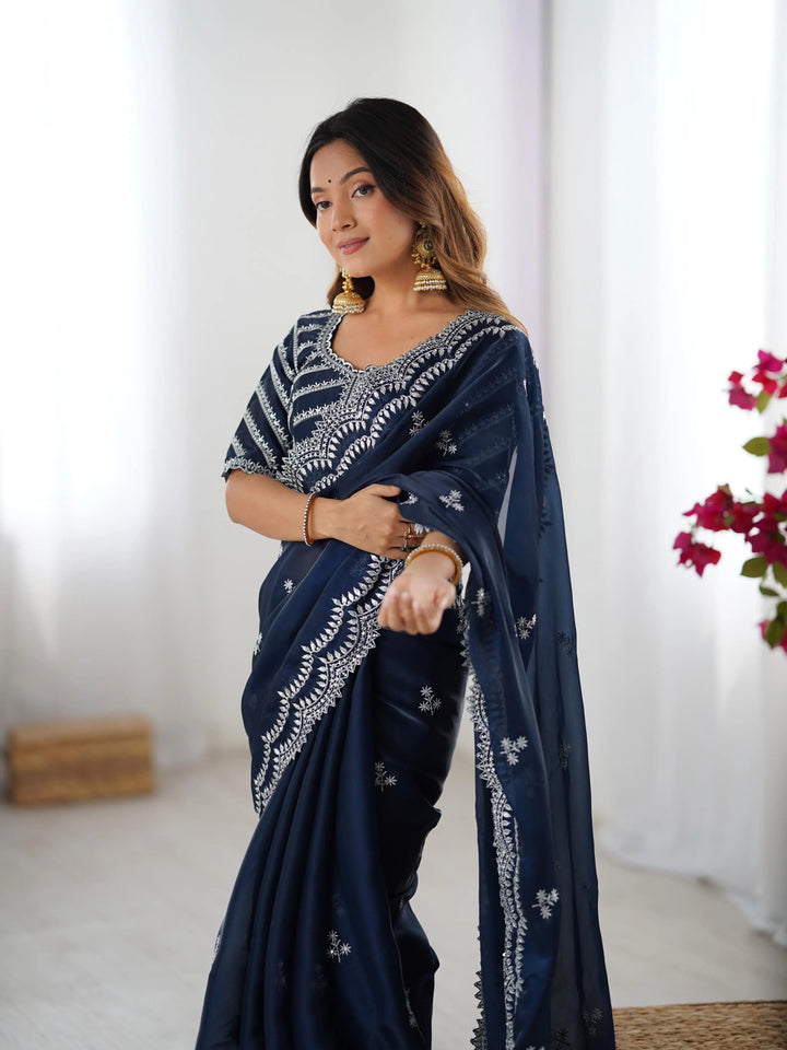 Navy Blue Sequins Embroidery Work Designer Saree - qivii