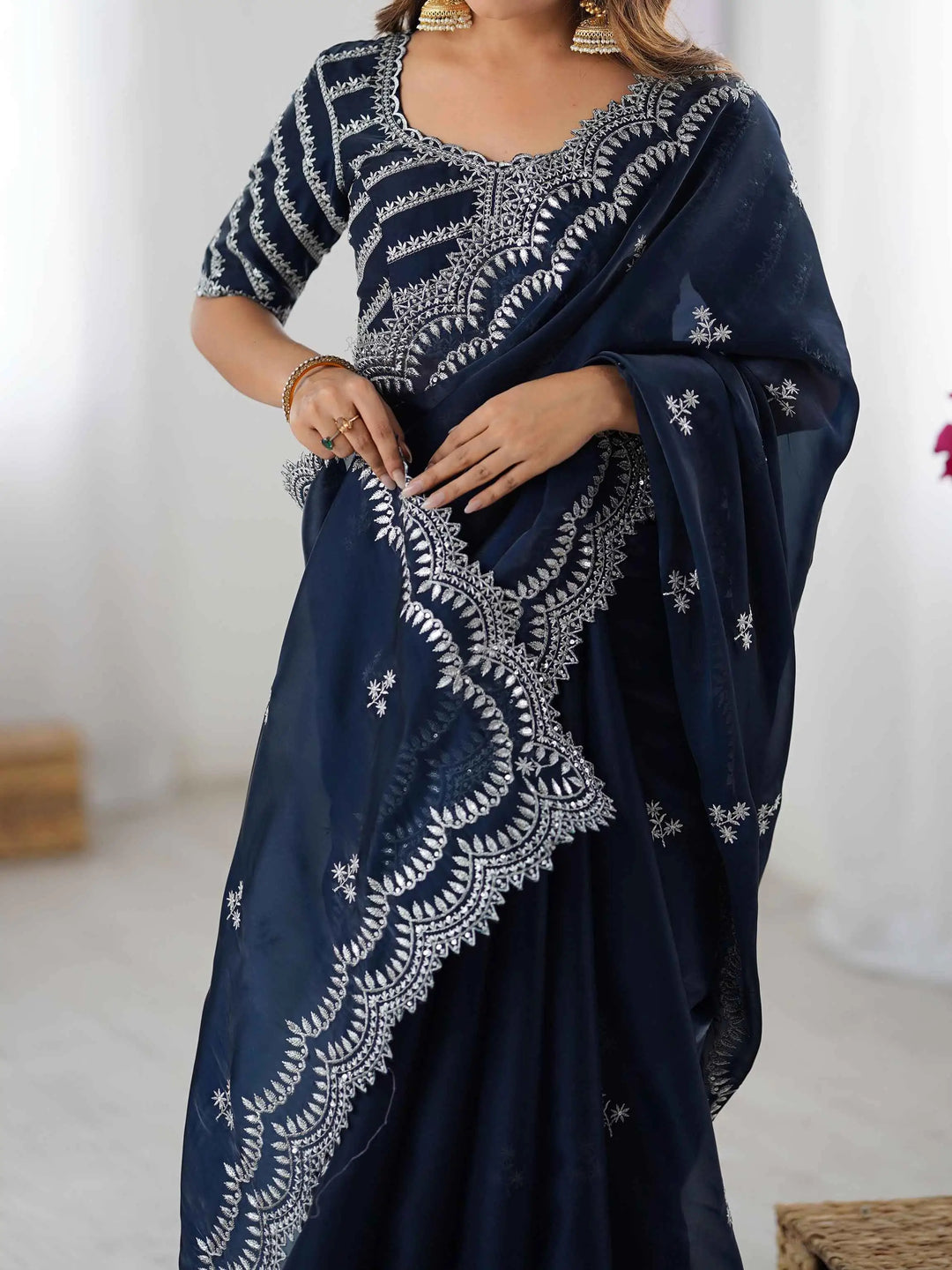 Navy Blue Sequins Embroidery Work Designer Saree - qivii