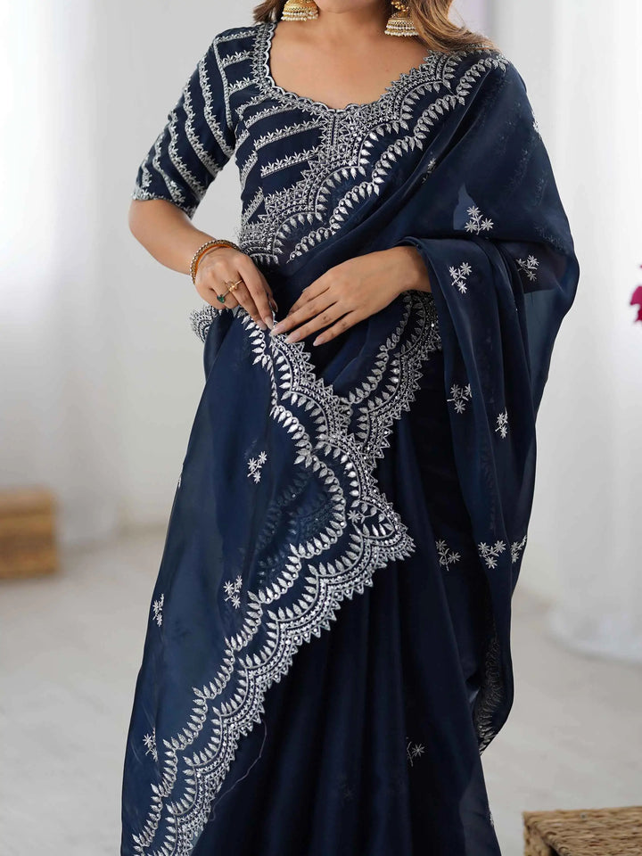 Navy Blue Sequins Embroidery Work Designer Saree - qivii