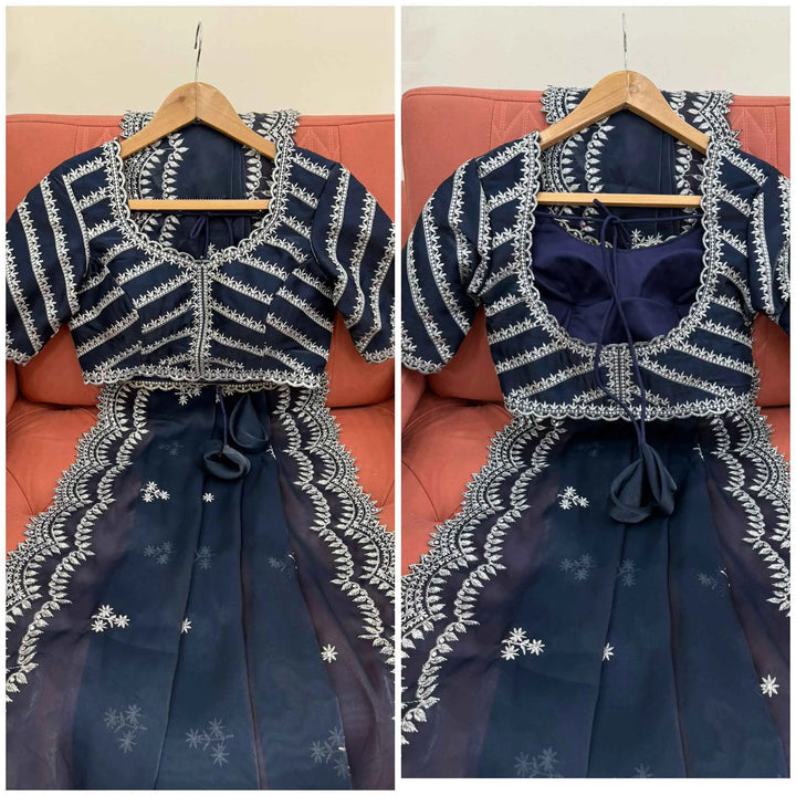 Navy Blue Sequins Embroidery Work Designer Saree - qivii