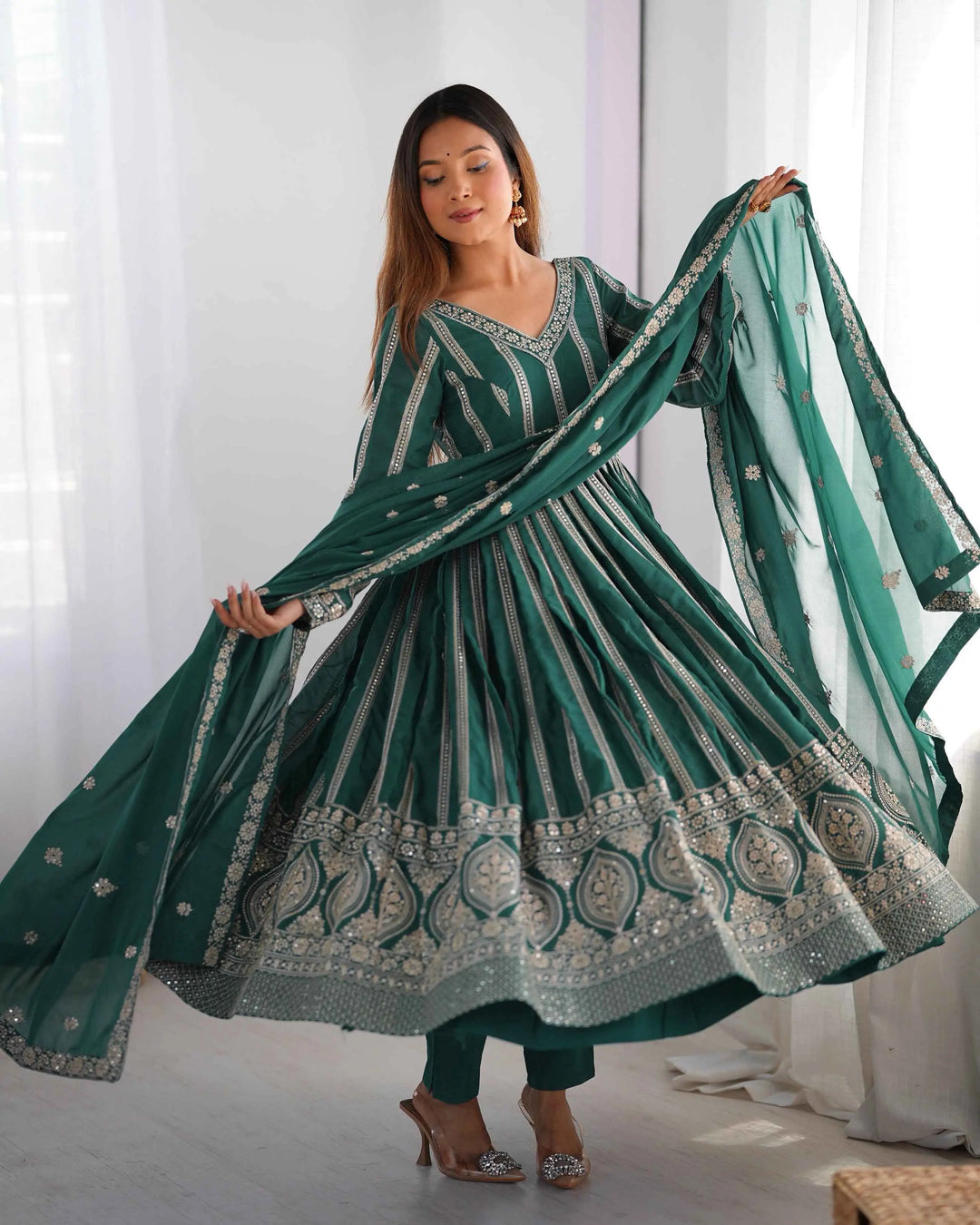 Greenish Blue Georgette Sequins Embroidery Work Gown And Dupatta - qivii