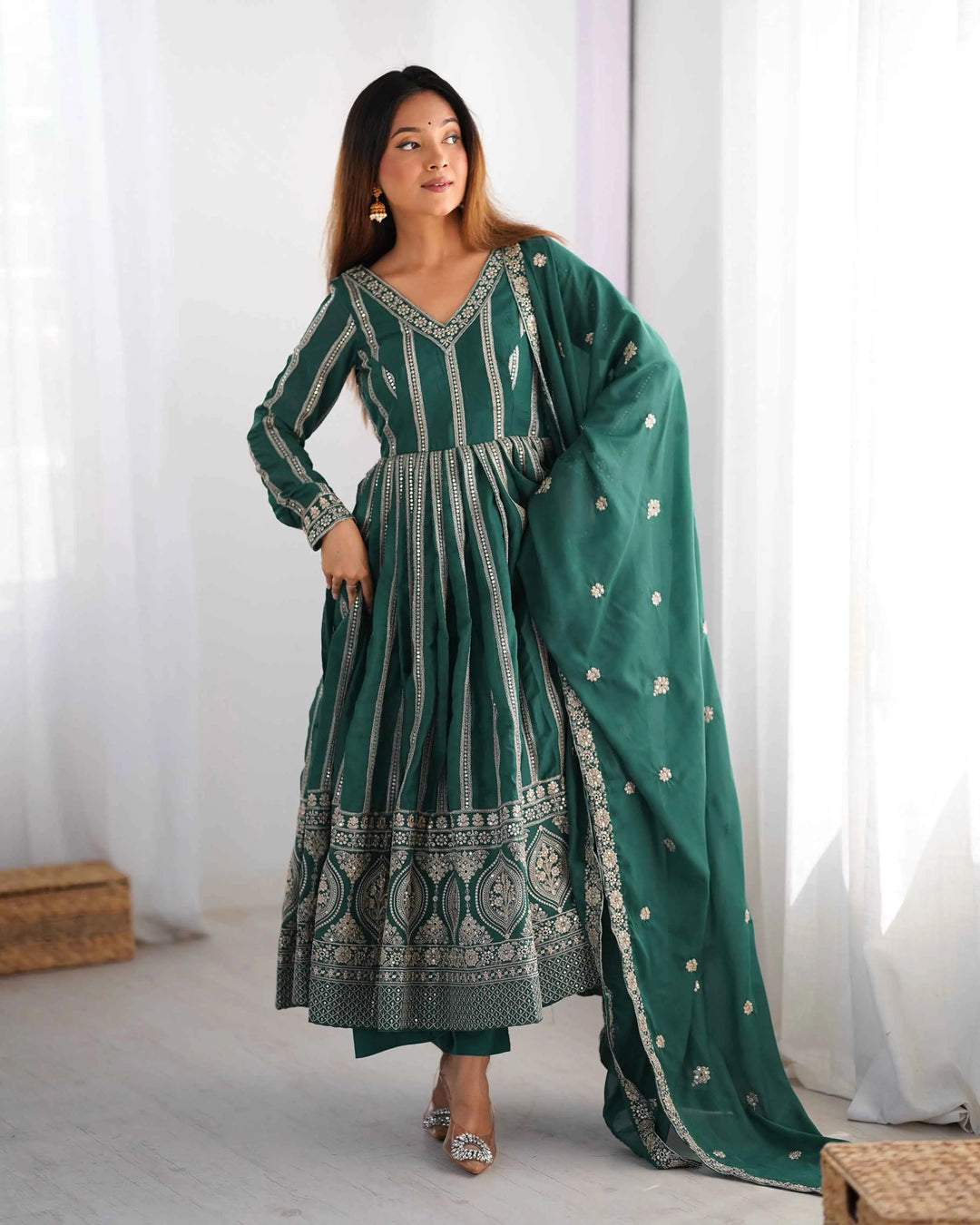 Greenish Blue Georgette Sequins Embroidery Work Gown And Dupatta - qivii