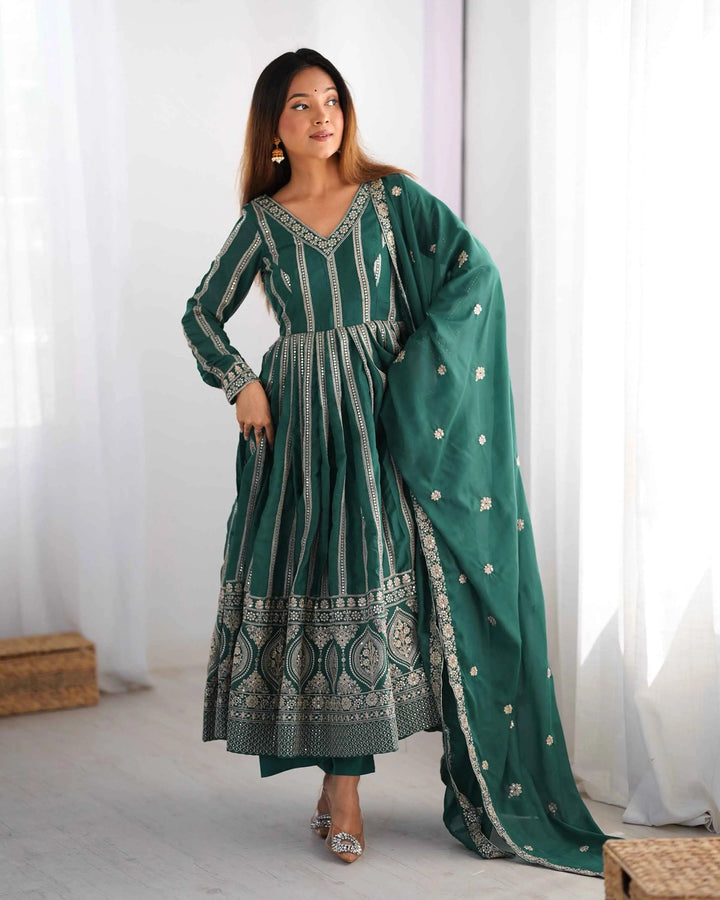Greenish Blue Georgette Sequins Embroidery Work Gown And Dupatta - qivii
