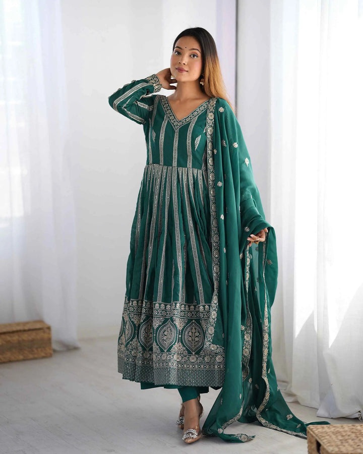 Greenish Blue Georgette Sequins Embroidery Work Gown And Dupatta - qivii