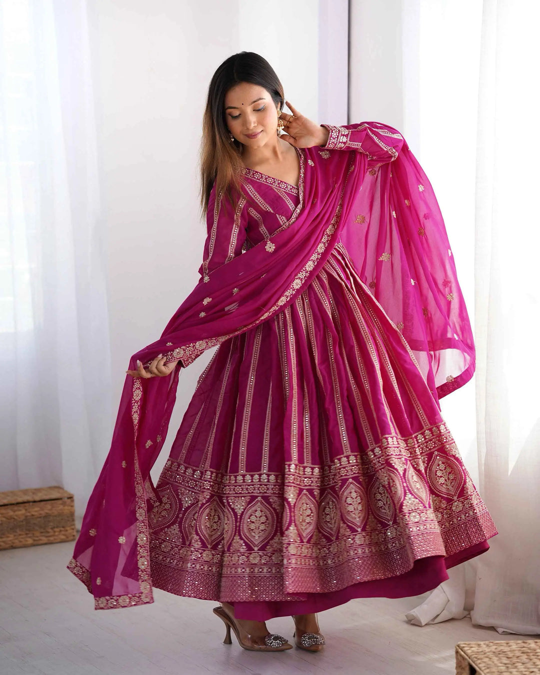 Dark Pink Georgette Sequins Embroidery Work Gown With Dupatta - qivii