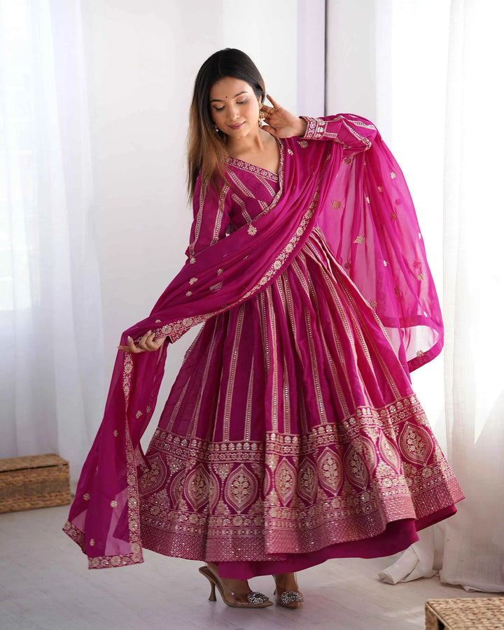 Dark Pink Georgette Sequins Embroidery Work Gown With Dupatta - qivii