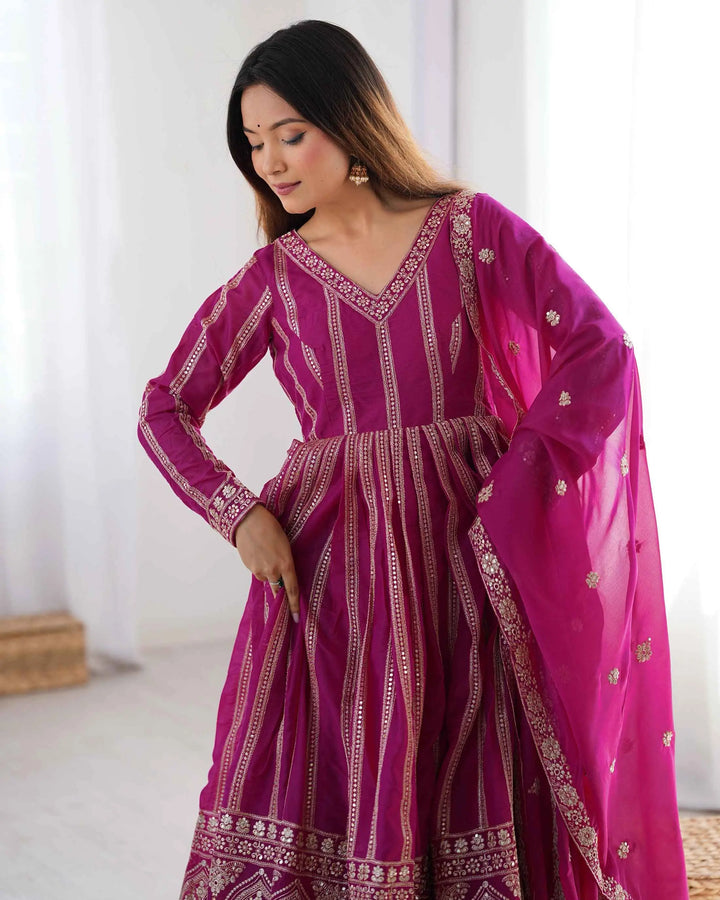 Dark Pink Georgette Sequins Embroidery Work Gown With Dupatta - qivii
