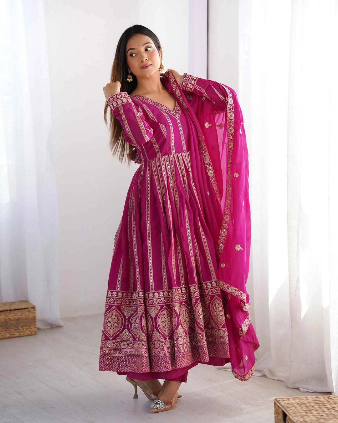 Dark Pink Georgette Sequins Embroidery Work Gown With Dupatta - qivii