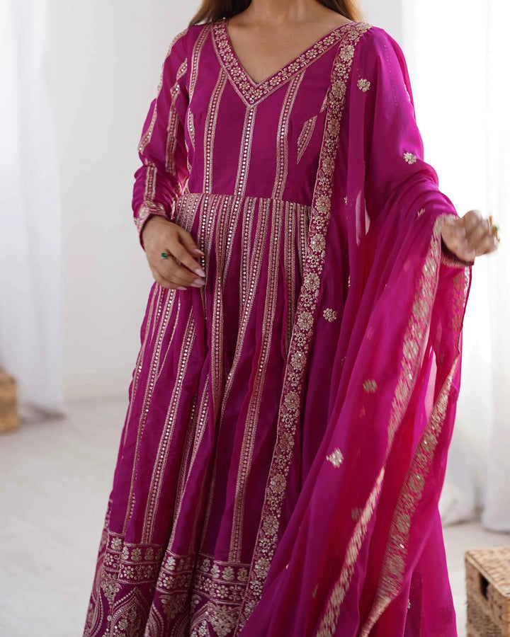 Dark Pink Georgette Sequins Embroidery Work Gown With Dupatta - qivii
