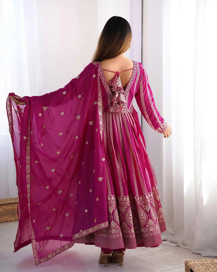 Dark Pink Georgette Sequins Embroidery Work Gown With Dupatta - qivii