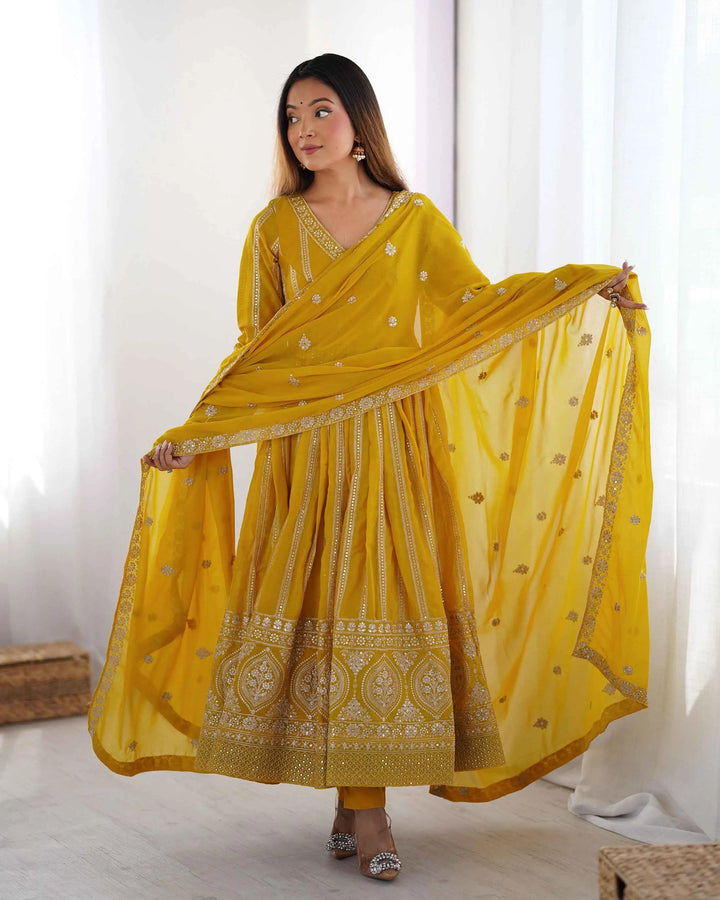 Dark Yellow Sequins Embroidery Work Georgette Gown And Dupatta - qivii