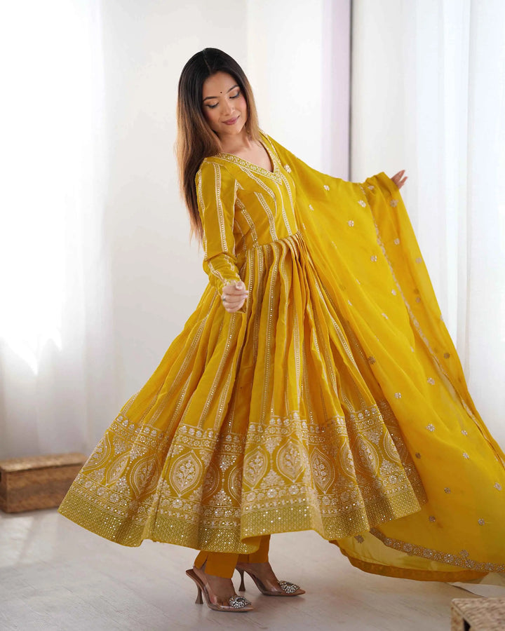 Dark Yellow Sequins Embroidery Work Georgette Gown And Dupatta - qivii