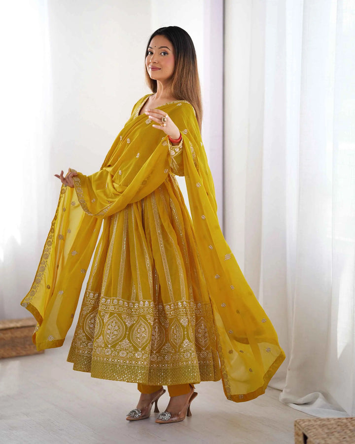 Dark Yellow Sequins Embroidery Work Georgette Gown And Dupatta - qivii