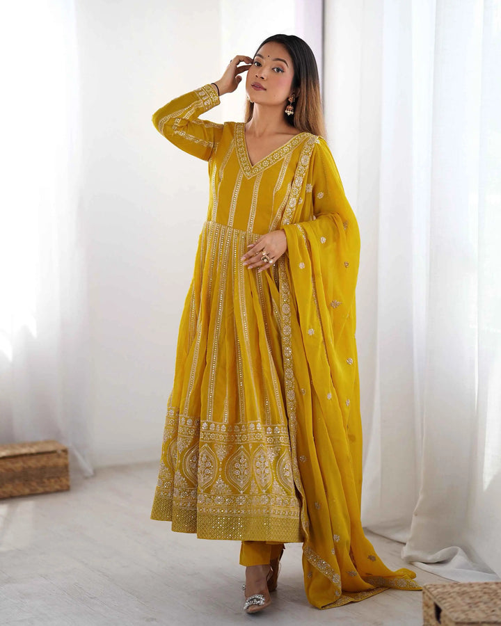 Dark Yellow Sequins Embroidery Work Georgette Gown And Dupatta - qivii