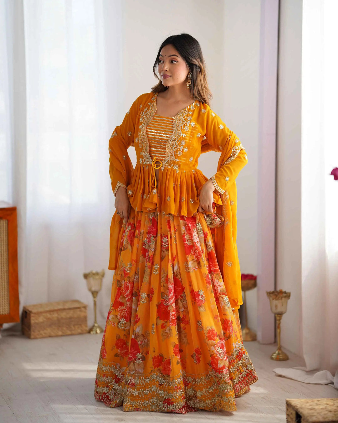 Yellowish Orange Floral print With Embroidery Work Lehenga With Koti - qivii