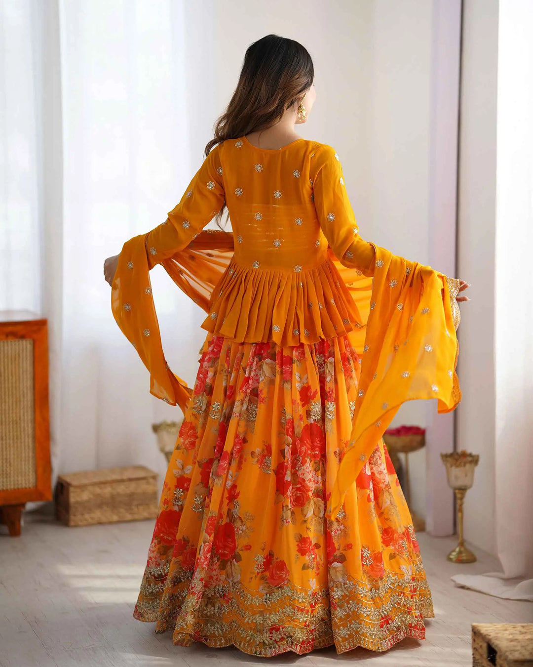 Yellowish Orange Floral print With Embroidery Work Lehenga With Koti - qivii
