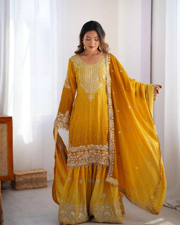 Yellow Cording Sequins Work With Rivet Moti Sharara Set With Dupatta - qivii