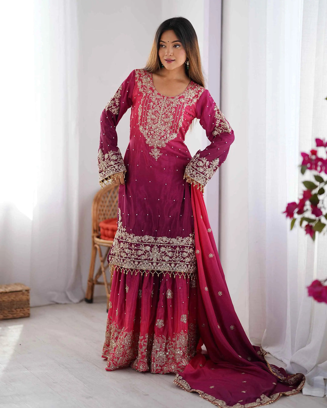 Wine Berry Cording Sequins Work With Rivet Moti Sharara Set With Dupatta - qivii