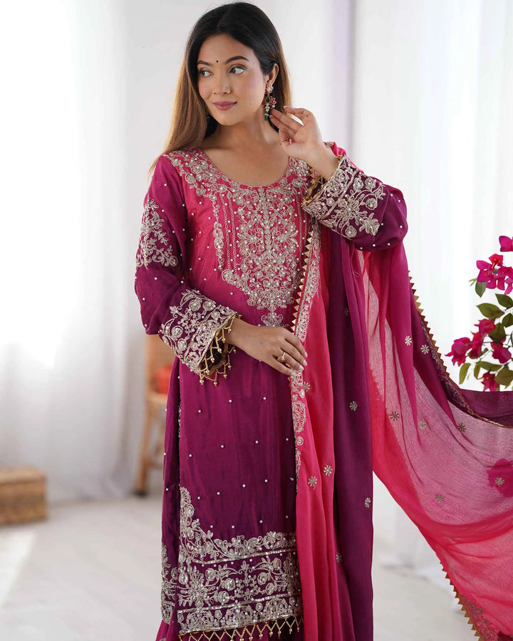 Wine Berry Cording Sequins Work With Rivet Moti Sharara Set With Dupatta - qivii