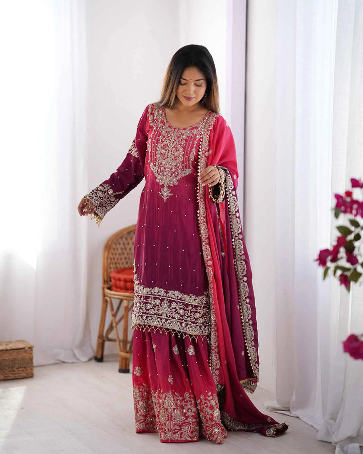 Wine Berry Cording Sequins Work With Rivet Moti Sharara Set With Dupatta - qivii