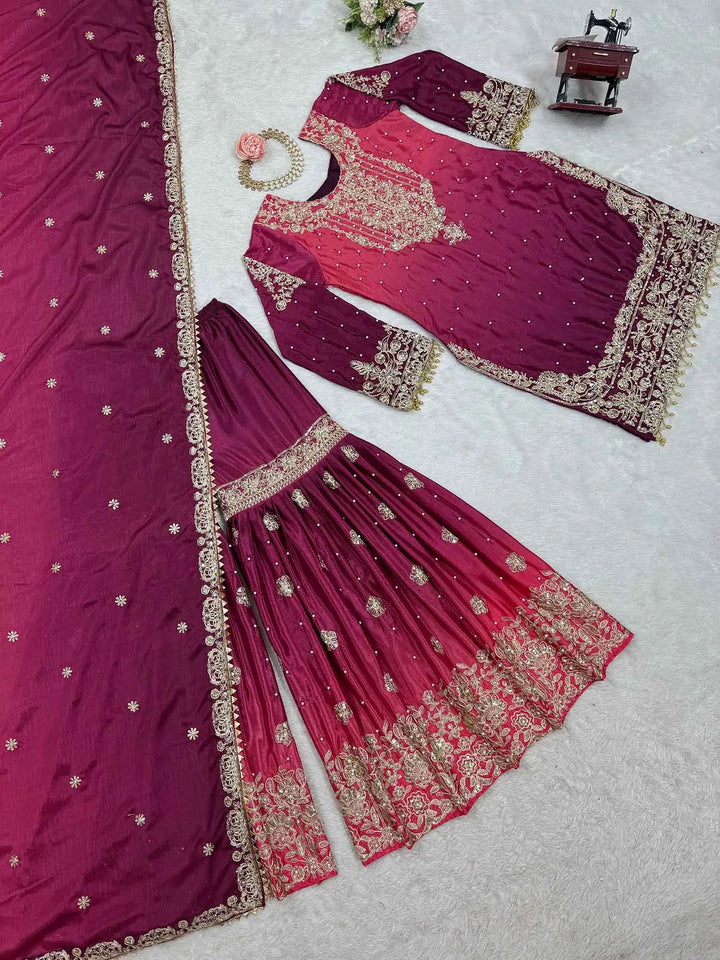 Wine Berry Cording Sequins Work With Rivet Moti Sharara Set With Dupatta - qivii