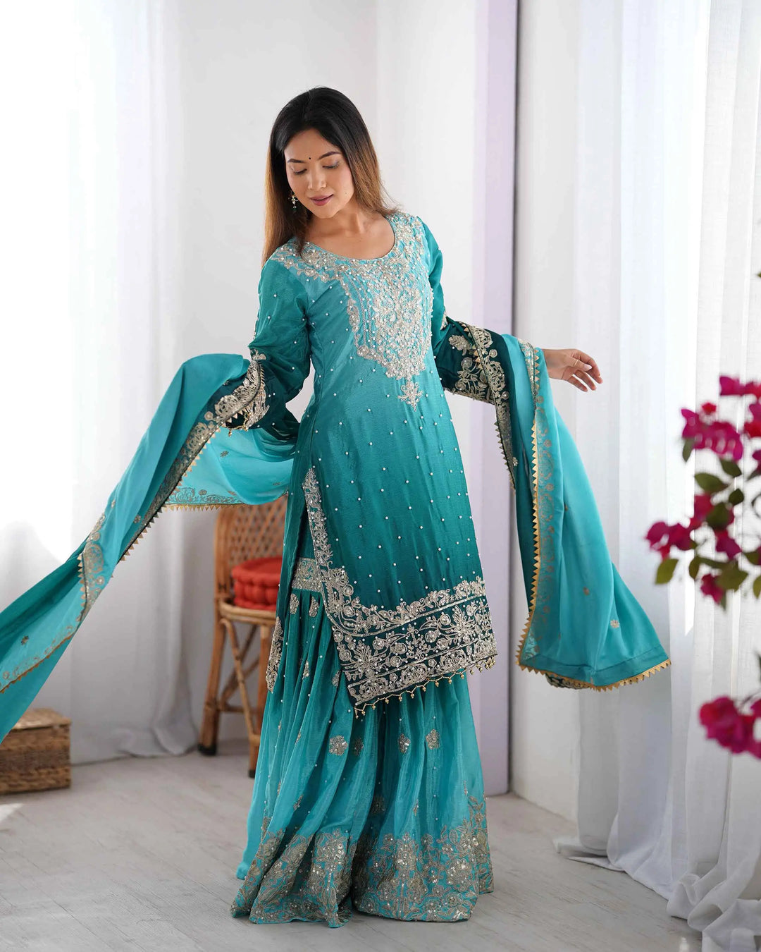 Teal Blue Cording Sequins Work With Rivet Moti Sharara Set With Dupatta - qivii